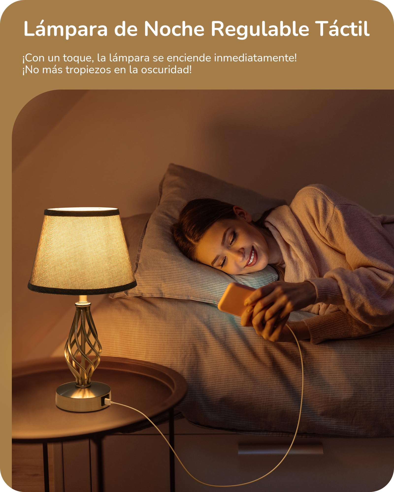 EDISHINE Lámpara de Noche LED Regulable Táctil 2 Lámparas de Mesa 2 Puertos USB de Carga para Dormitorio, Salón, Alféizar de Ventana, Regalo, Pantalla de Lino, Gris