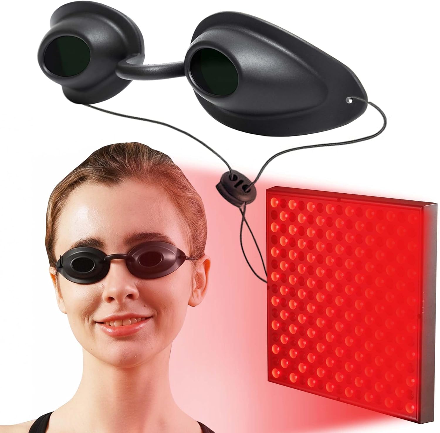 Flexible Red Light Therapy Glasses & Goggles Eye Shields, Blocks 600-900nm Wavelengths, Adjustable Head Strap & Case (Dark)