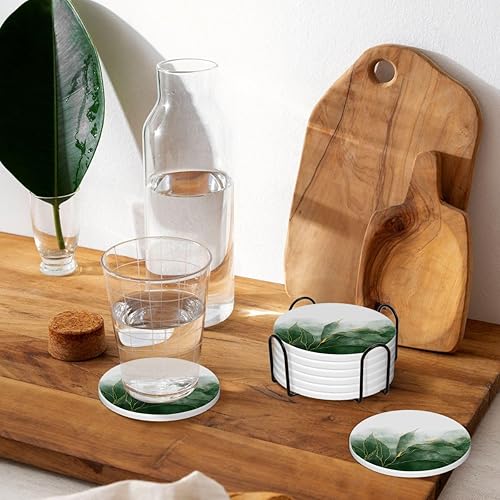 Miniatura 6 de LOKMU Posavasos para bebidas, juego de 6 posavasos redondos de cerámica absorbente con soporte de metal, pintura verde y venas doradas brillantes
