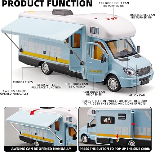 Miniatura 3 de Juguetes de autocaravanas para niños, autocaravana de juguete de metal fundido a presión con luz y sonido, edades 3-8 (Azul)