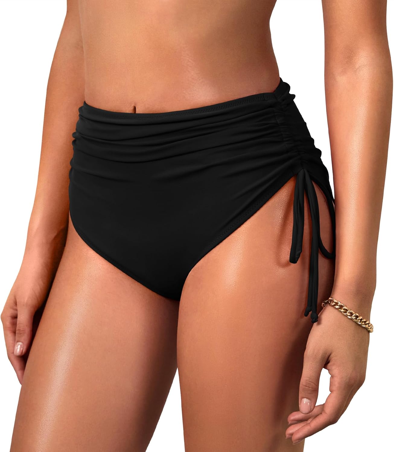 Komorebi Women's High Waisted Bikini Bottoms, Full Coverage Swimwear, Adjustable Side Tied Bathing Suit Bottom