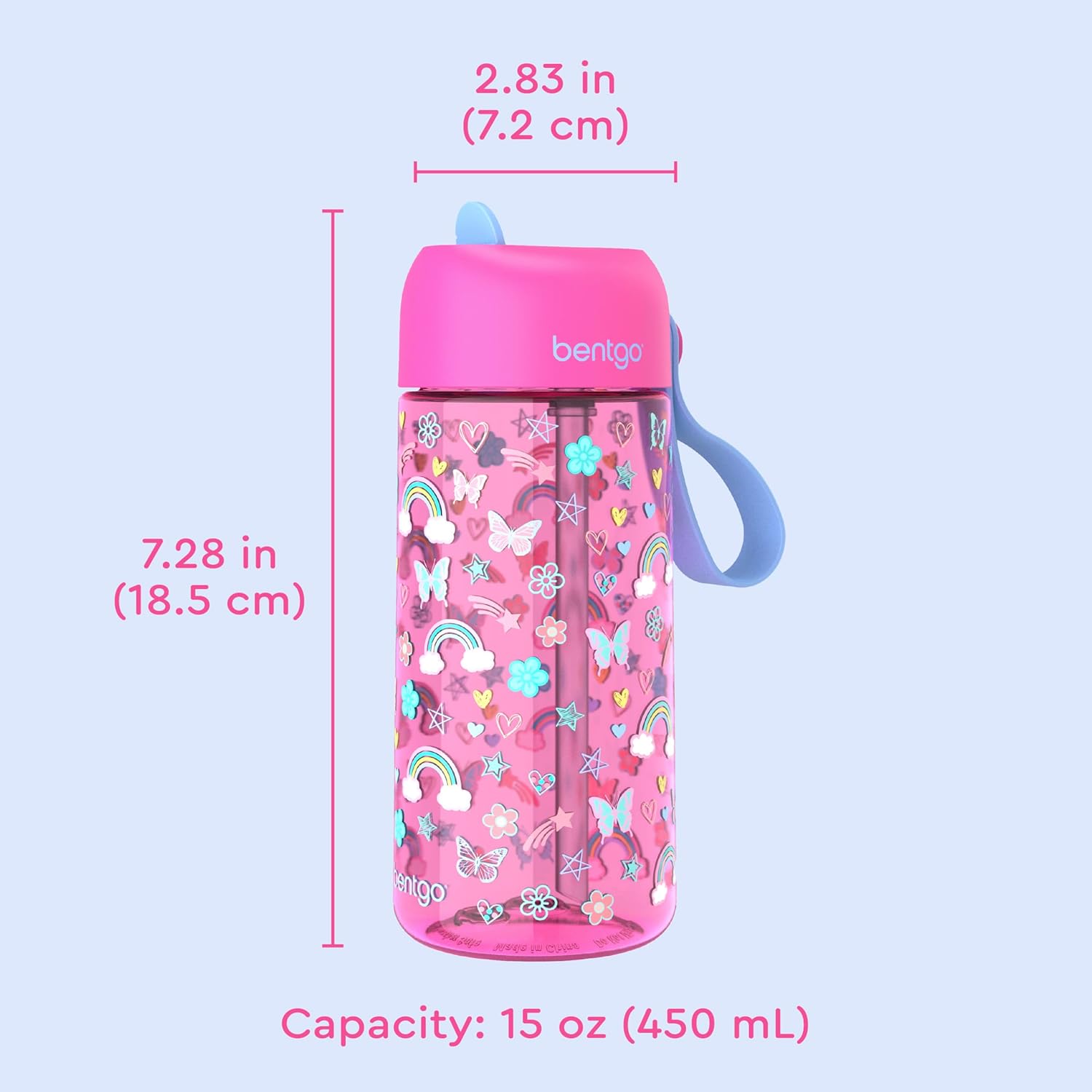 Bentgo Kids Water Bottle - Leak-Proof, Durable Tritan BPA-Free 15 oz Cup for Kids/Toddlers Ages 3+; Bite & Sip Spout, Carrying Handle & Dishwasher Safe for School & Sports (Rainbows & Butterflies) - Image 7