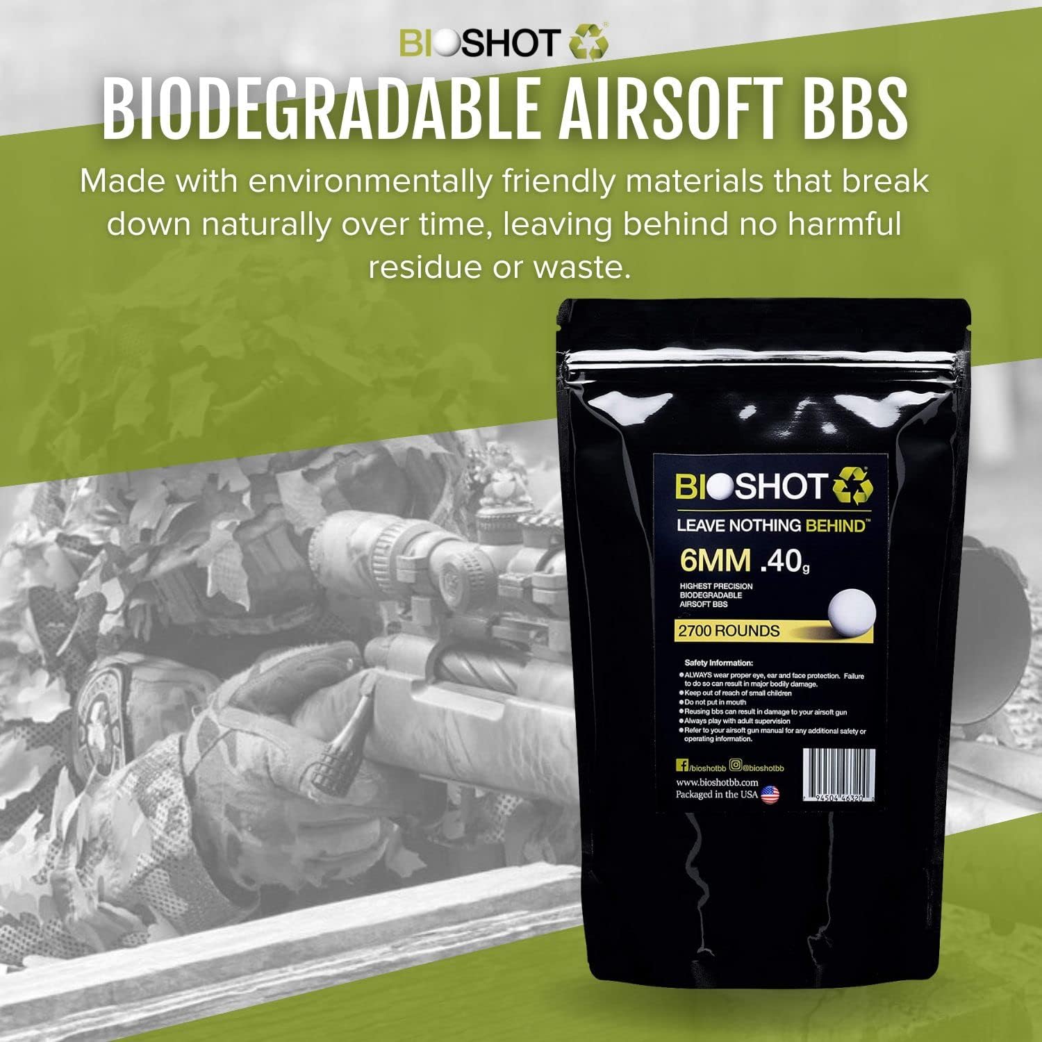 Biodegradable Airsoft BBS - .40g Super Slick Seamless Sniper Weight Competition Match Grade for All 6mm Airsoft Guns and Accessories (2700 Rounds, White)