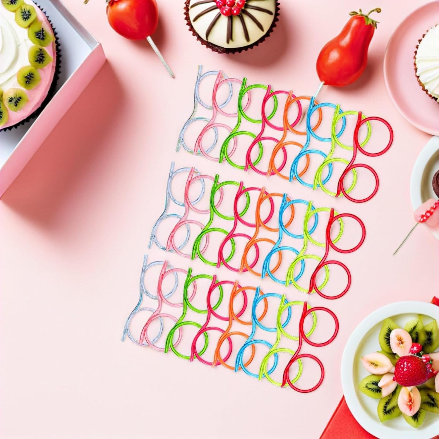 Unique Eyeglasses Shape Straws 24pcs Plastic Drinking Straws Party Fun Random Color
