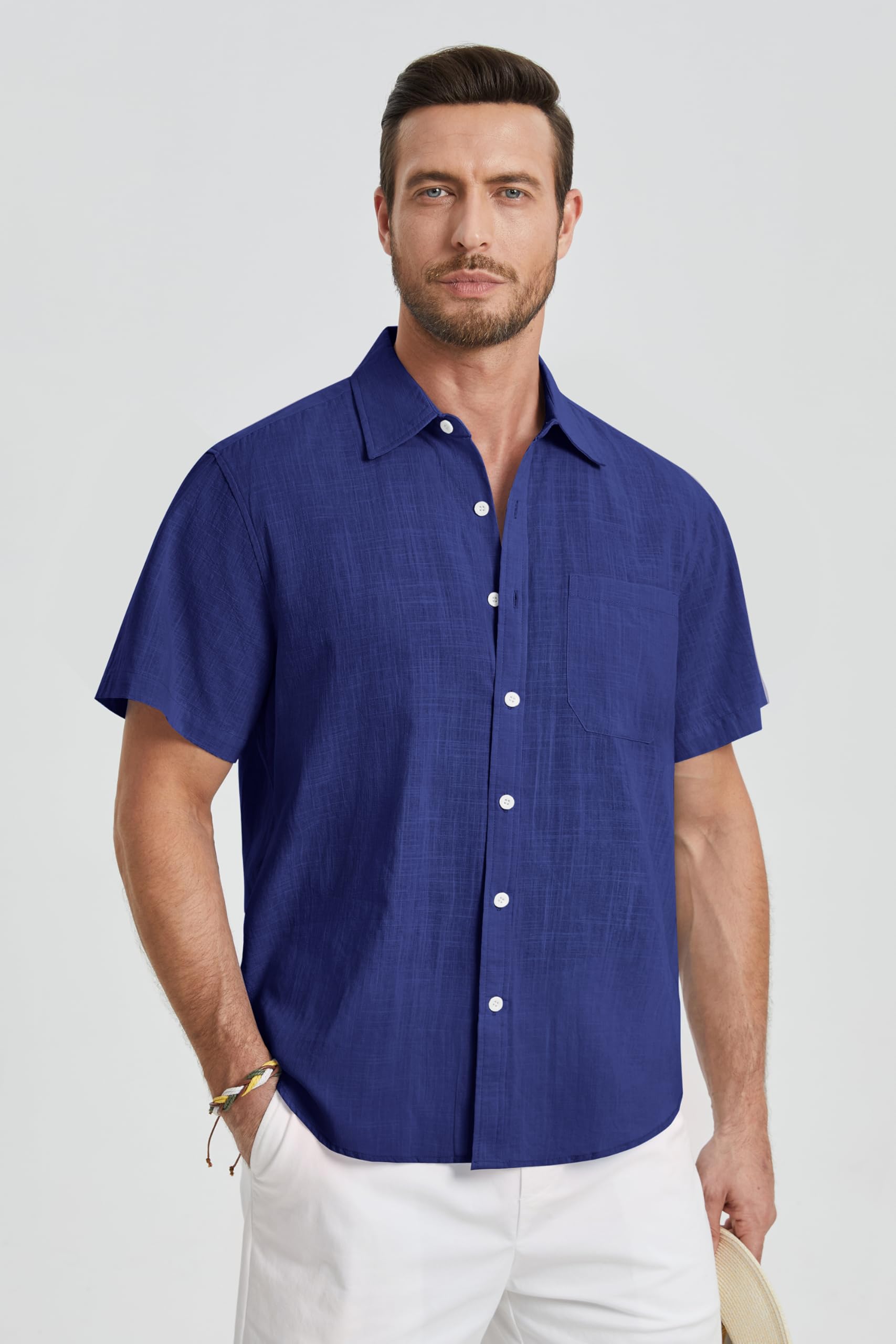 HISDERN Camicia da uomo a maniche corte, vestibilità regolare, casual, con bottoni, a contrasto interno, da lavoro, con tasca formale