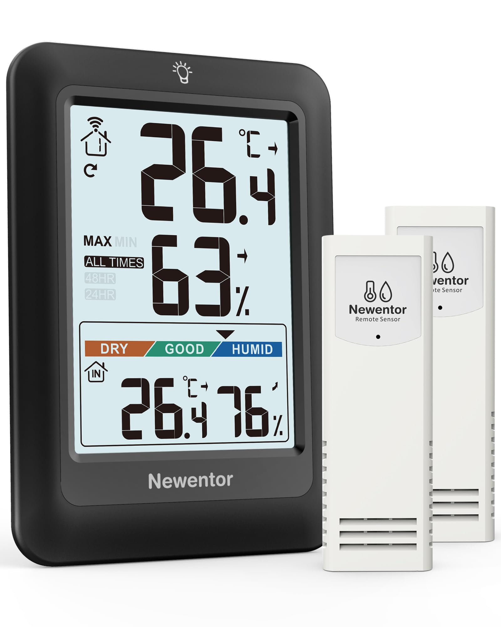 Newentor MAX MIN Thermometer innen außen 24/48 Std./alle Zeiten - Hygrometer Innen mit Luftkomfort - Wetterstation Funk mit Außensensor - Raumthermometer mit Beleuchtung, Schwarz, 2*Außensensor
