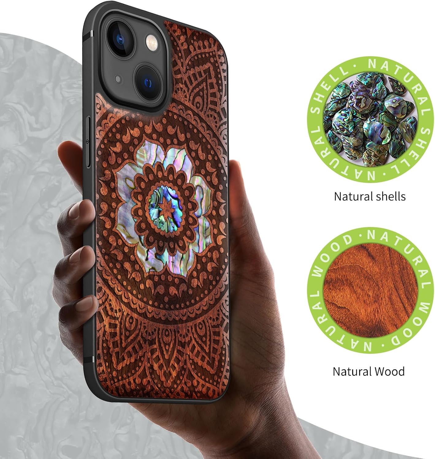 Carveit Designer Wooden Protective Case for iPhone 13 Mini Magnetic Cover [Wood Engraving & Shell Inlay] Compatible with 13 Mini MagSafe (Mandala Pattern-Rosy)