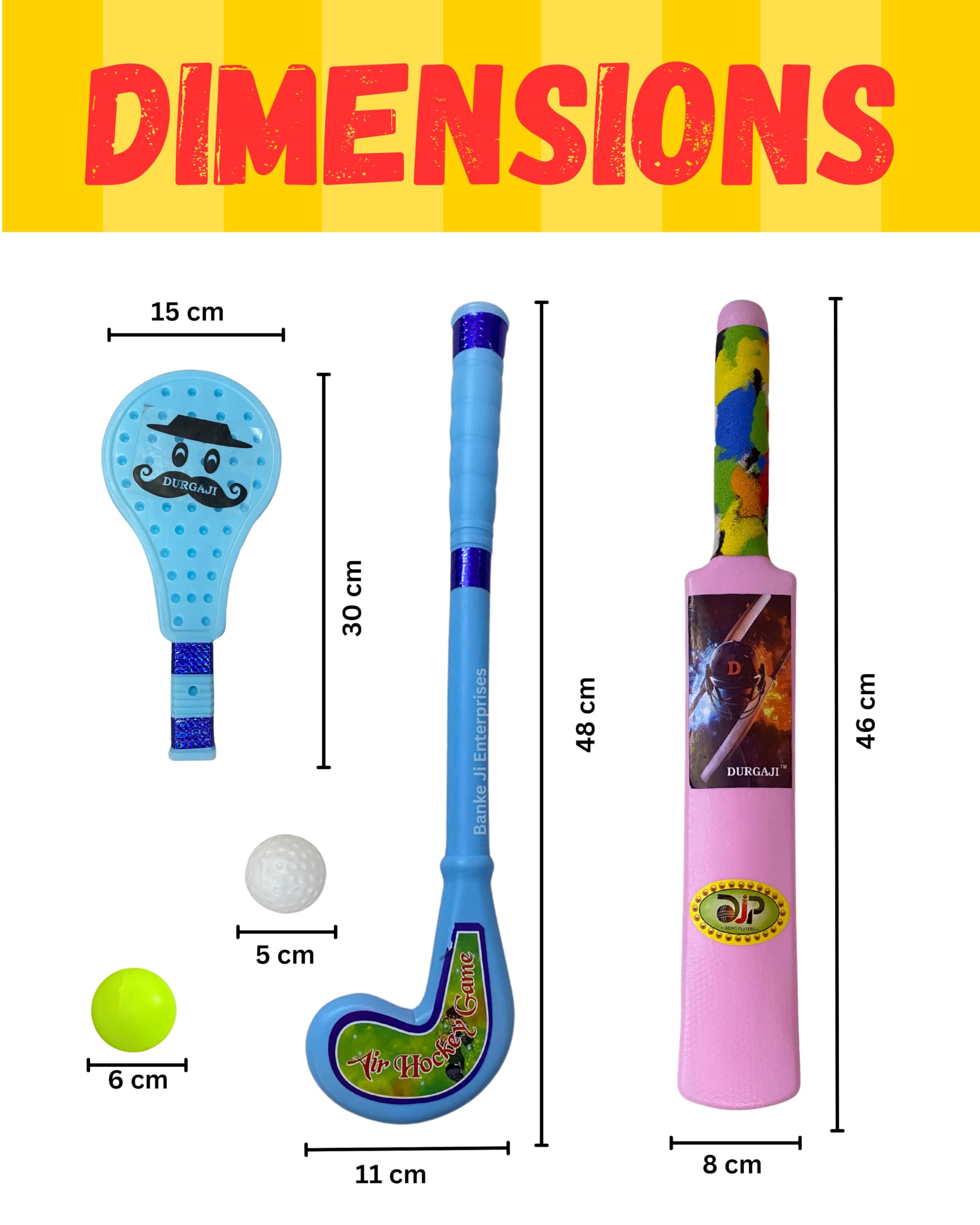 Banke Ji 3 in 1 Sports Combo - Cricket Bat, Hockey Stick, Tennis Racquet with Balls (Pink Cricket Bat, Blue Hockey Stick & Blue Racket)
