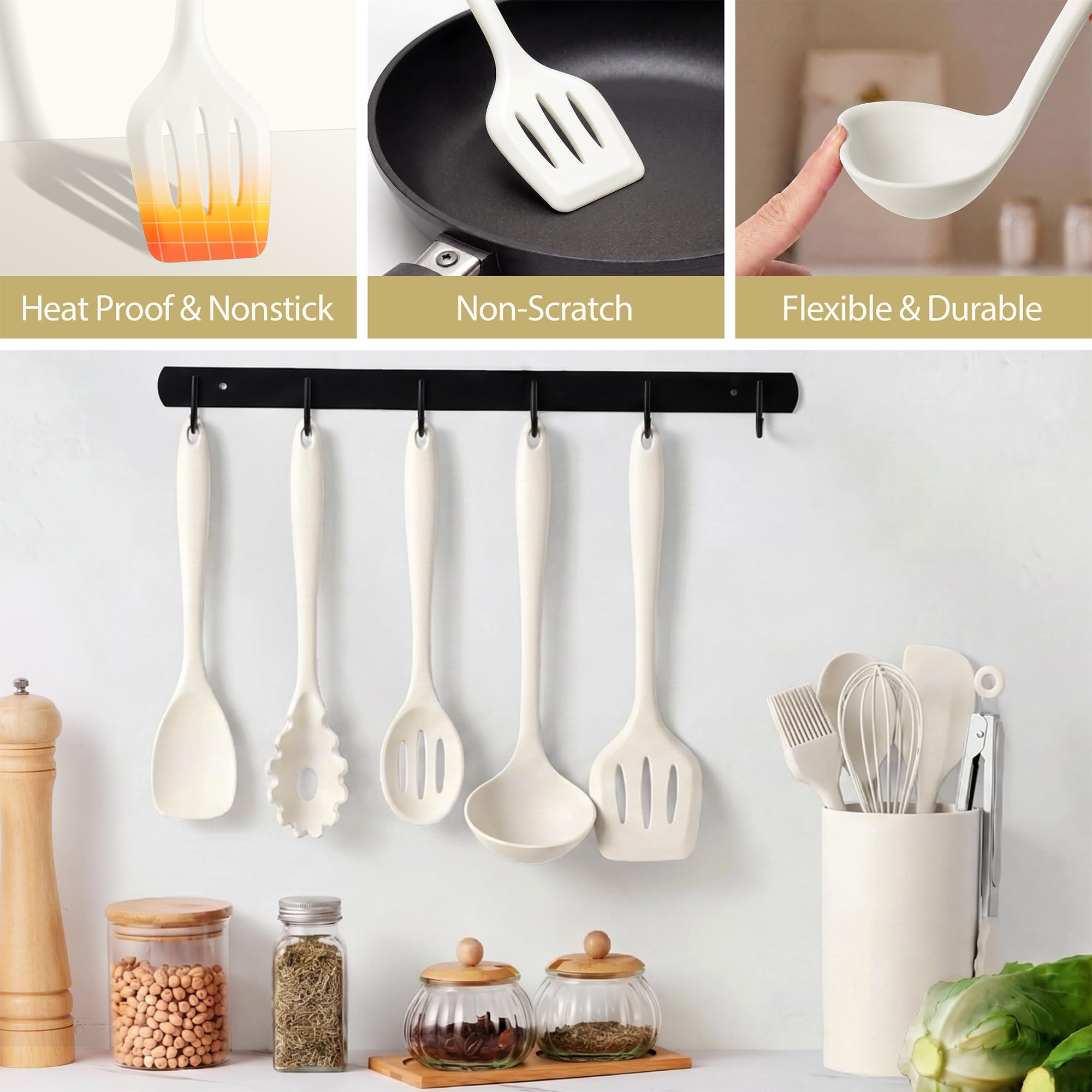 LIANYU Juego de 14 utensilios de cocina con soporte, juego de espátulas de silicona para cocina, resistentes al calor, incluye cuchara volteadora, batidor, pinza para batir, apto para lavavajillas,