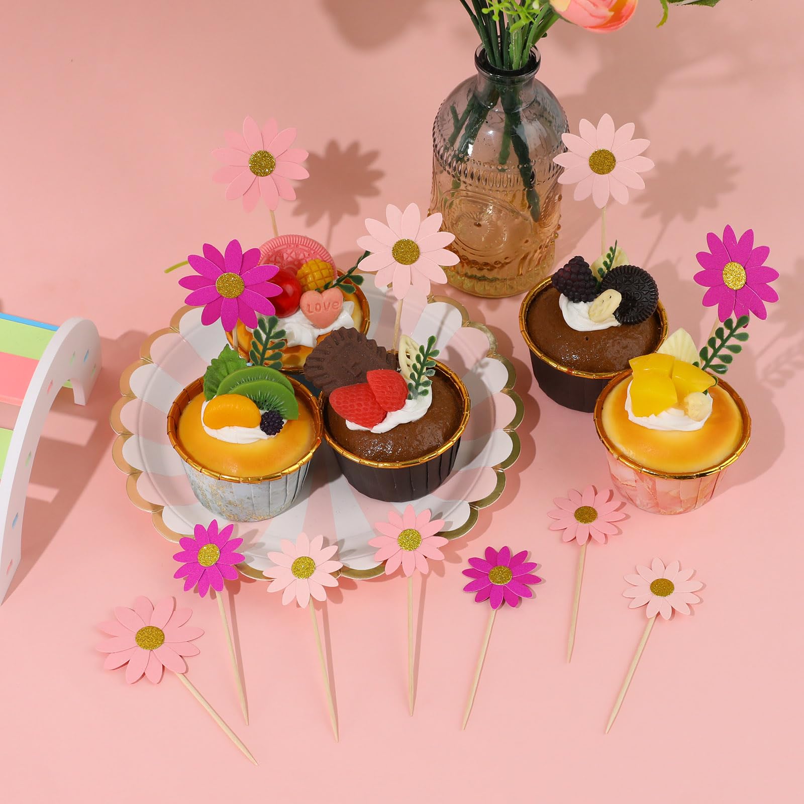 Adornos Cupcakes Margaritas - 24 Unidades Rosa, Para Baby Shower, Cumpleaños Y Fiestas
