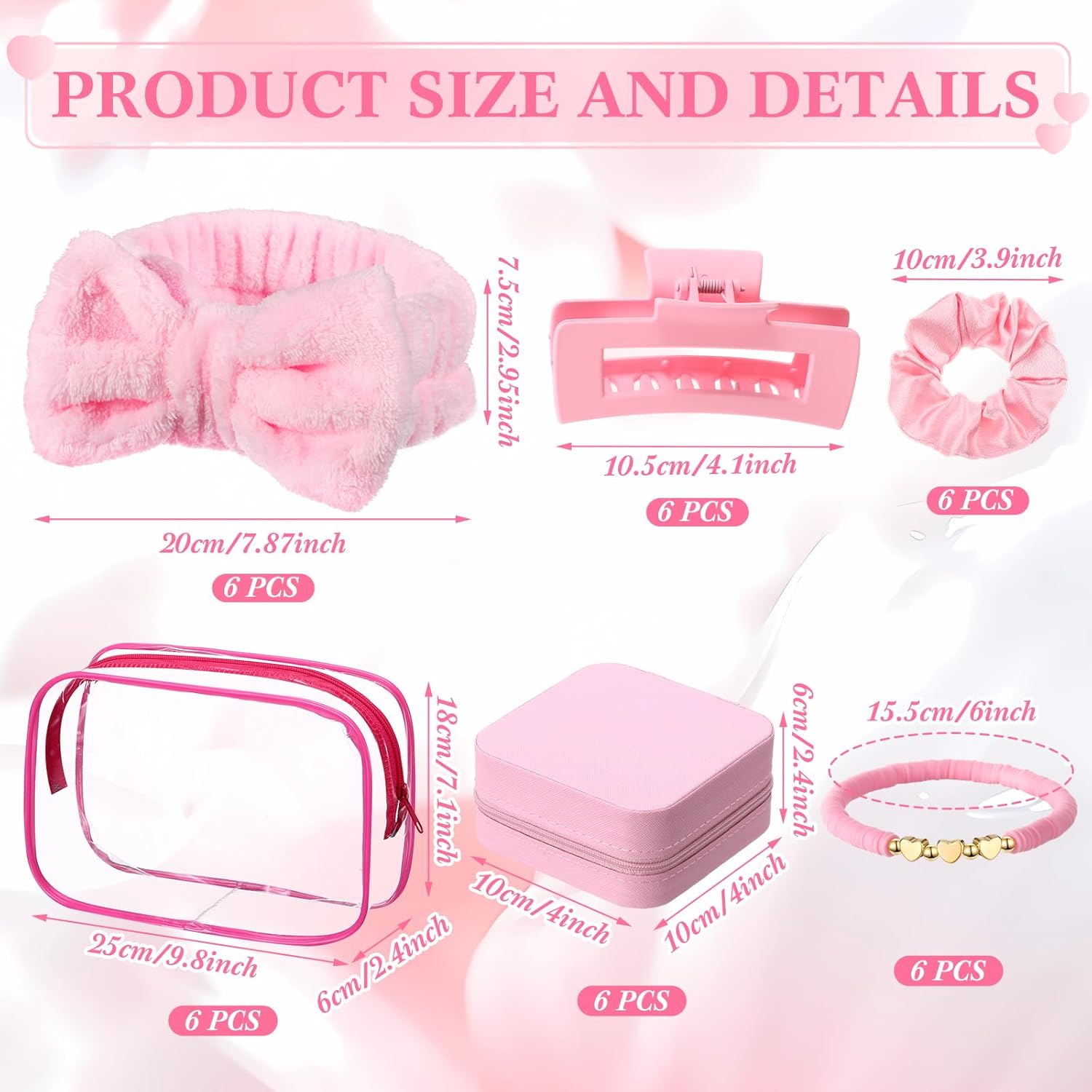 36 Pcs Teen Girl Party Favors Preppy Gifts Sets Bulk 6 Friendship Bracelets 6 Bow Spa Headband 6 Scrunchies 6 Hair Clip 6 Jewelry Cases 6 Makeup Bags for Women Friend Preppy Gifts(Pink) - Image 2