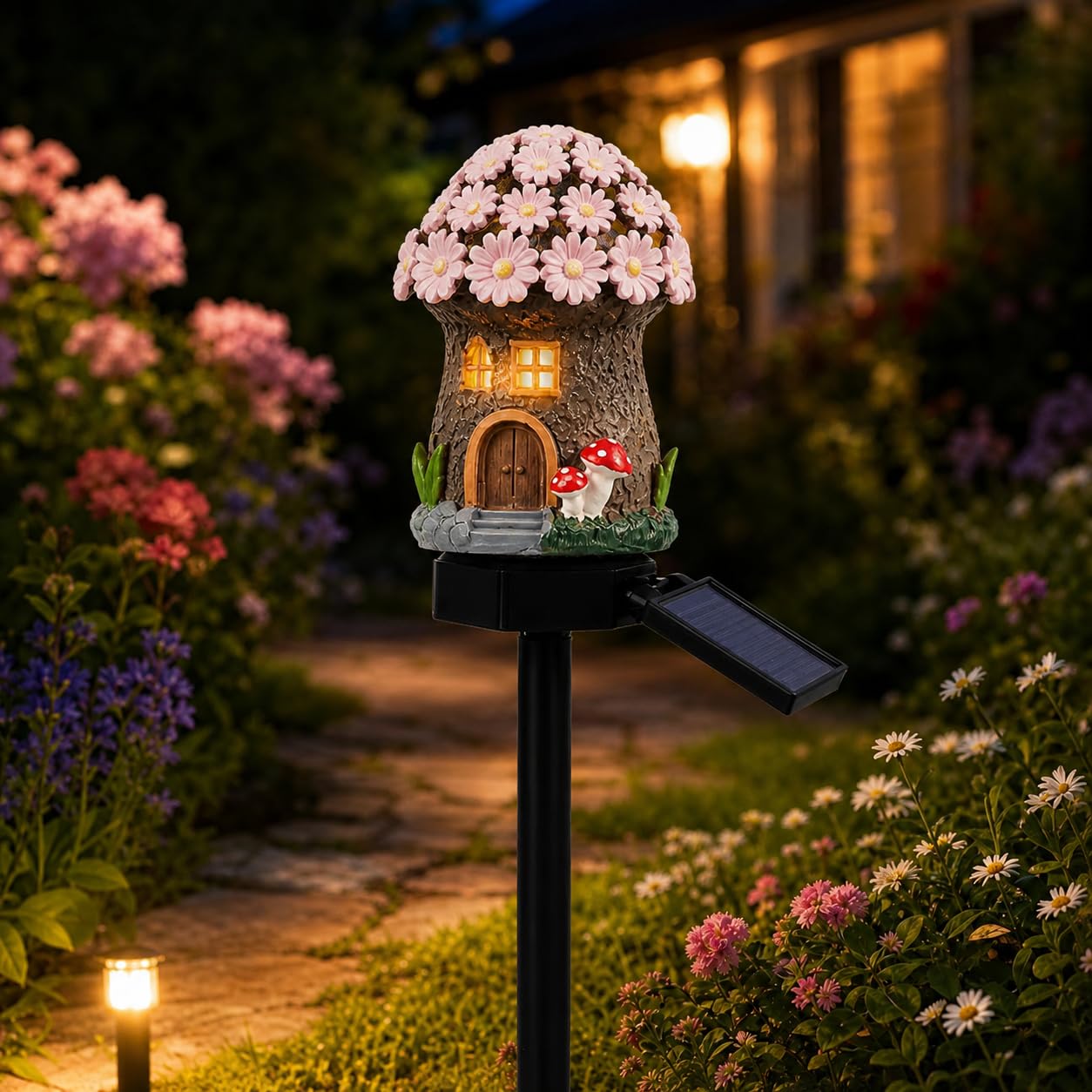 Solar Fairy-Tale Mushroom Cottage Garden Light,Waterproof LED Outdoor Mushroom House Statue Decor Lamp,Solar Resin MushroomLawn Lamp,Auto On/Off Landscape Pathway Light,for Pathway Yard Patio Lawn