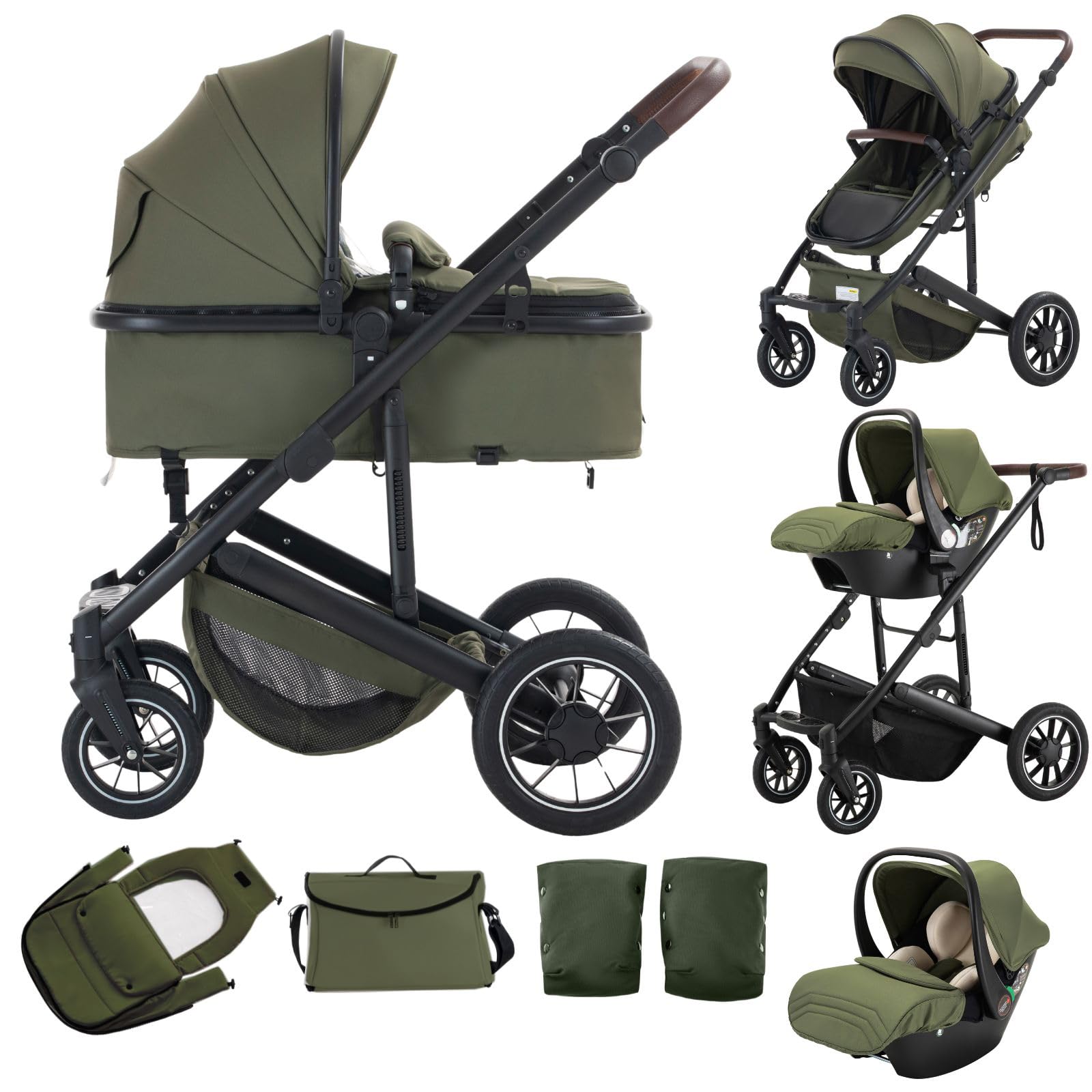 Passeggino Trio, Verde-Set Passeggino e Seggiolino Auto, passeggino fronte mamma da Viaggio con Manico Regolabile, Cestino&Cestino per Dormire con Copripiedi, Copripiedi rialzati,0-4,22KG