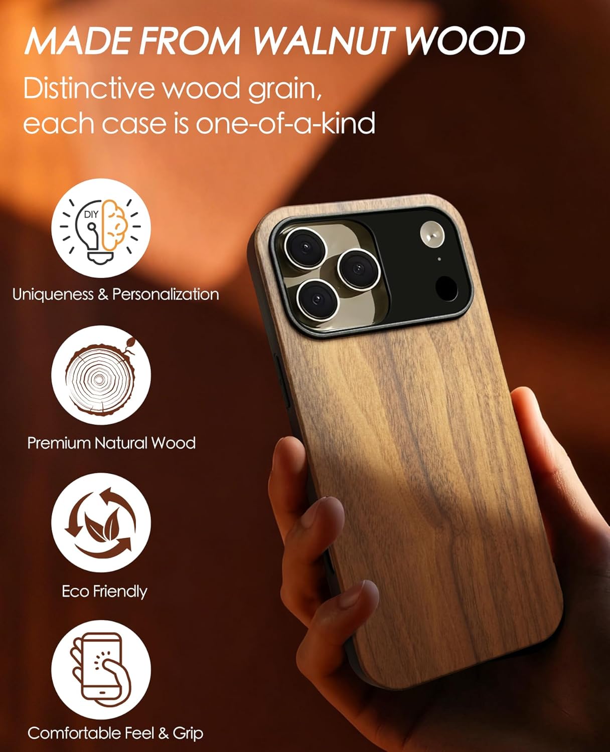 Wood Case for iPhone 17 Pro Max Case, Real Wooden Grain TPU Shockproof Slim Cover for 17 Promax, Supports Wireless Chargers, Suitable for DIY Carving (Natural Walnut Woodgrain) - Image 2