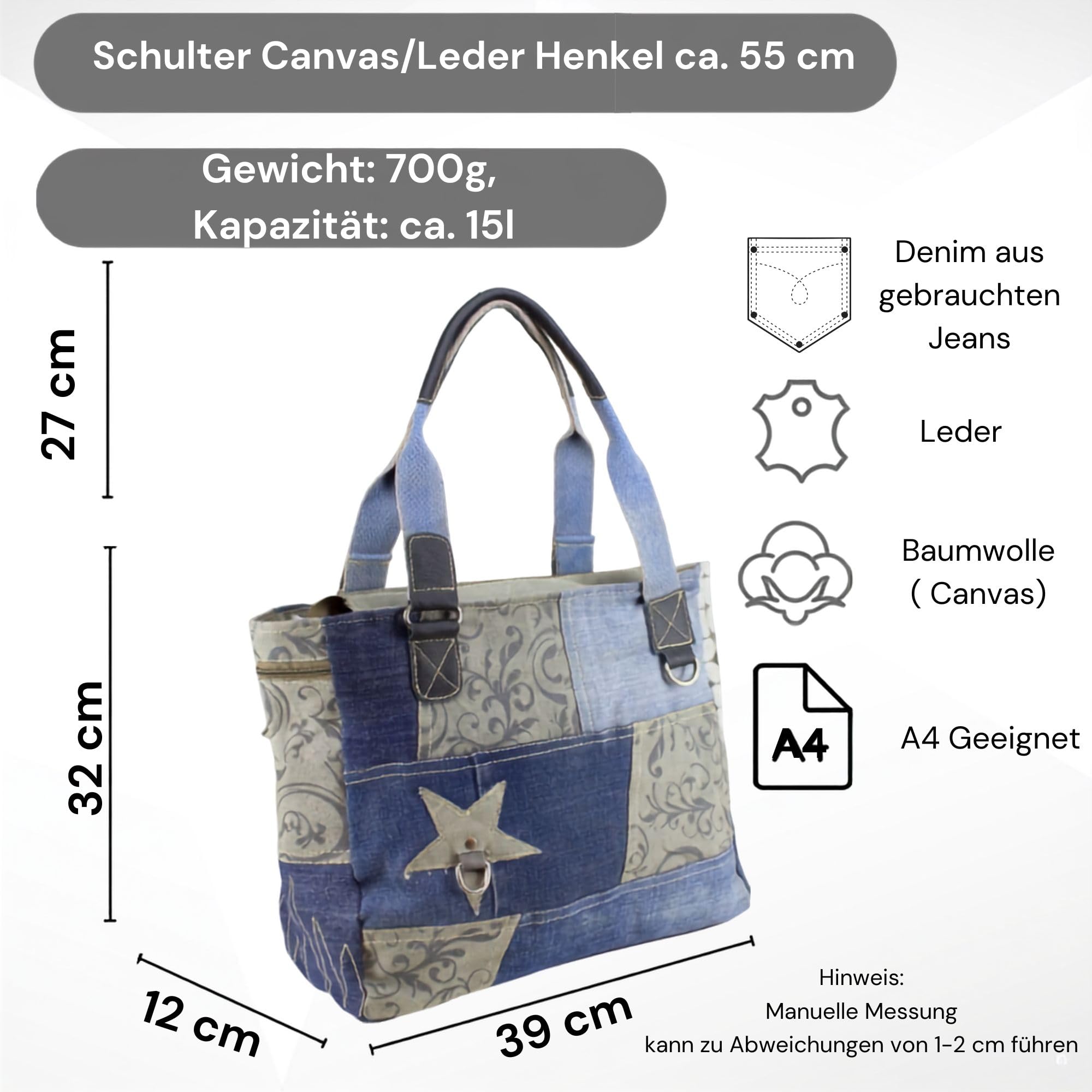 Sunsa Handtasche. Damen Tasche. Große Damentasche. Nachhaltige Shopper. Schultertasche aus recycelte Jeans Stoff & Canvas in Retro Vintage Stil