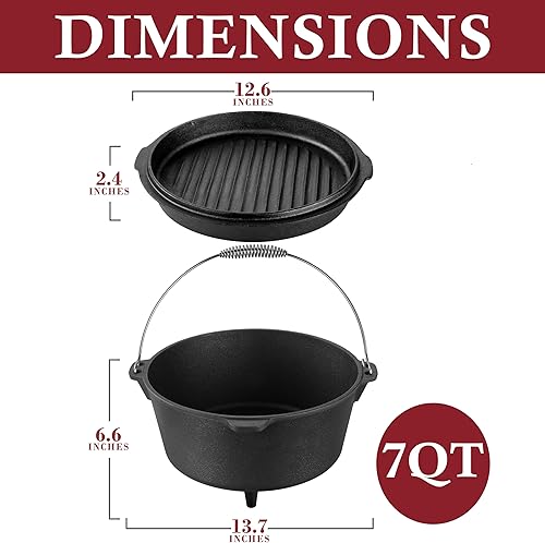 Miniatura 3 de Leonyo Horno holandés de hierro fundido con tapa, horno holandés de 7 cuartos de galón con tapa, olla de hierro fundido 2 en 1, olla de horno