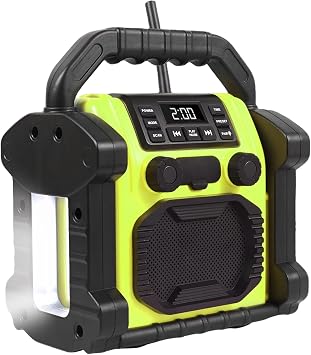 Jobsite Radio Speaker, 30w Ipx 66 Waterproof Fm Clock Radio Portable with LED Lights, Anticollision Fm Radios for Constrution Site/Outdoor/Fishing/Party/Camping Green