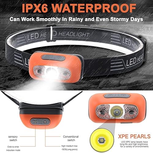 Miniatura 2 de Linterna frontal con sensor LED superbrillante, faros ligeros e impermeables, linterna de batería recargable USB, 5 modos de luz para correr,