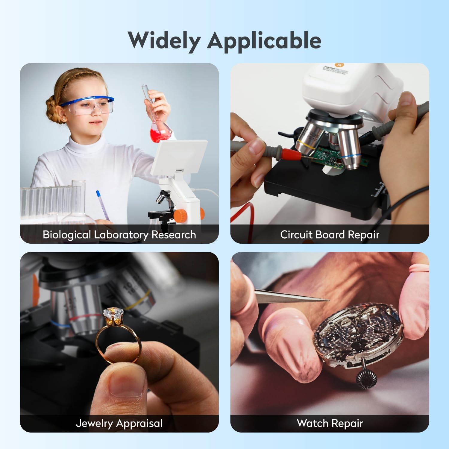 Images showing video and photo capture capabilities of the microscope, with an 8GB SD card icon.