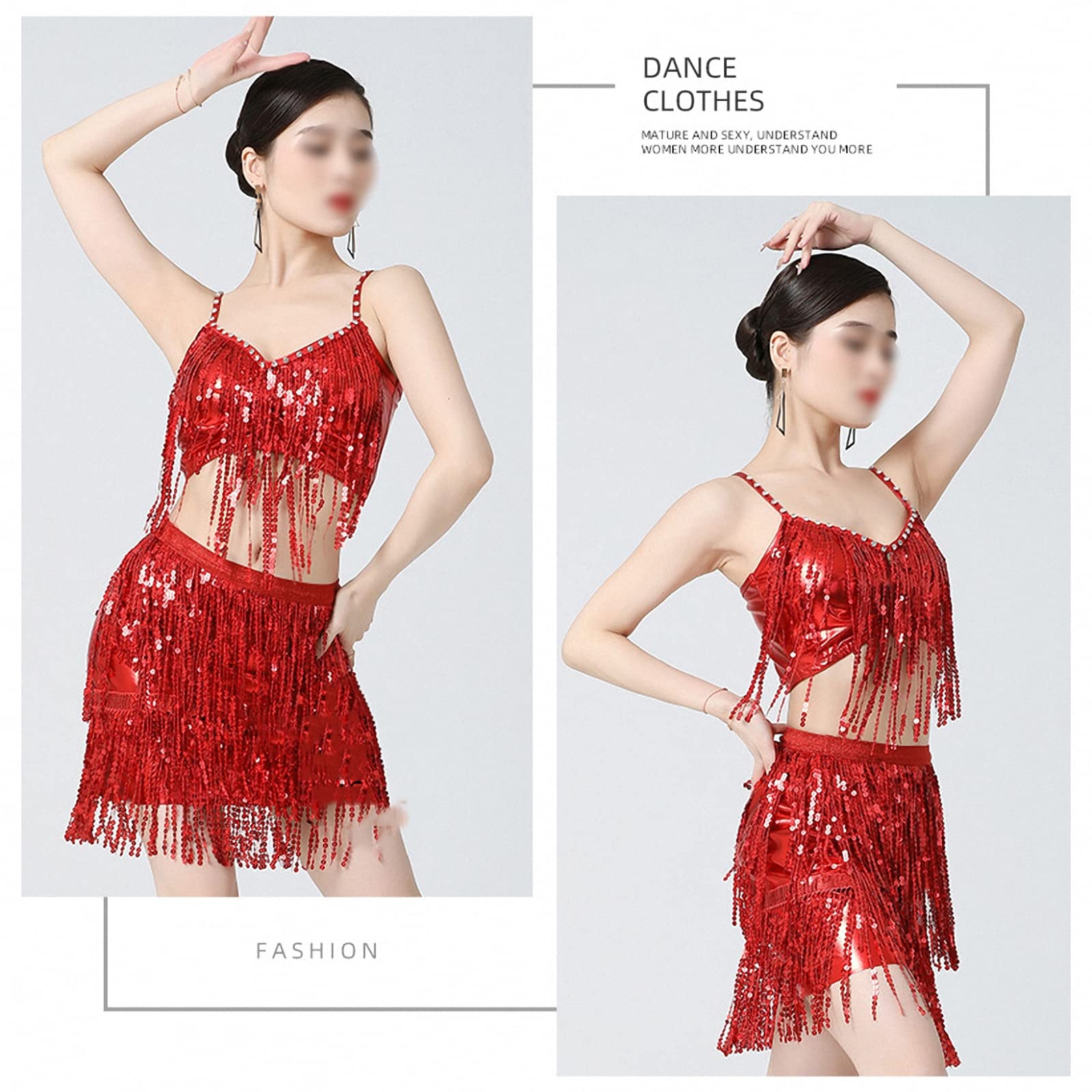 Top de Tirantes de Baile Latino con Flecos de Lentejuelas para Mujer con Almohadilla en el Pecho + Traje de Falda, Trajes de competición de Danza del Vientre/Pole Dance