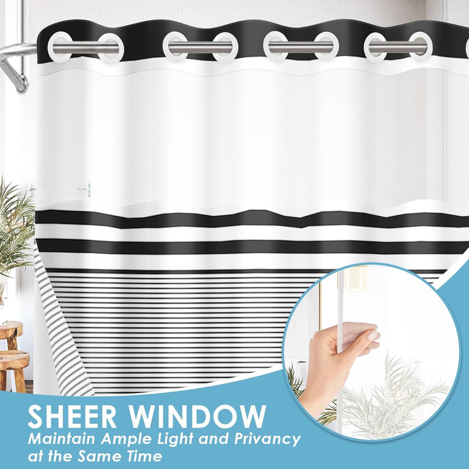 No Hook Black Stripe Shower Curtain with Snap in Fabric Liner Set, Gray Geometric Modern Double Layers Waterproof Fabric with See Through Top Window Bath Curtain 71x74 Inch