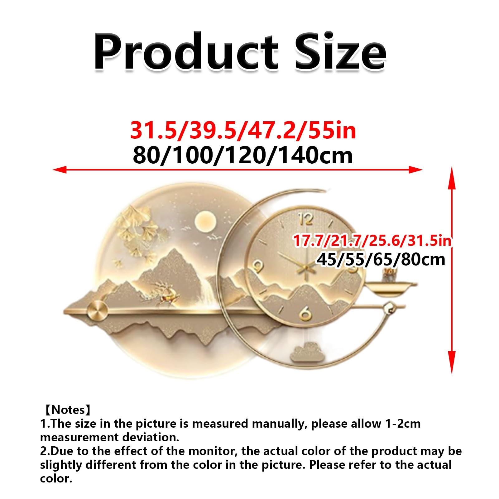Zegar Ścienny 3D Z Oświetleniem LED – Cicha, Bezgłośna Rzeźba Akrylowa Efektem Lustra; Dekoracja Wisząca Do Salonu I Sypialni(Gold,140 * 80cm/55 * 31.5in)