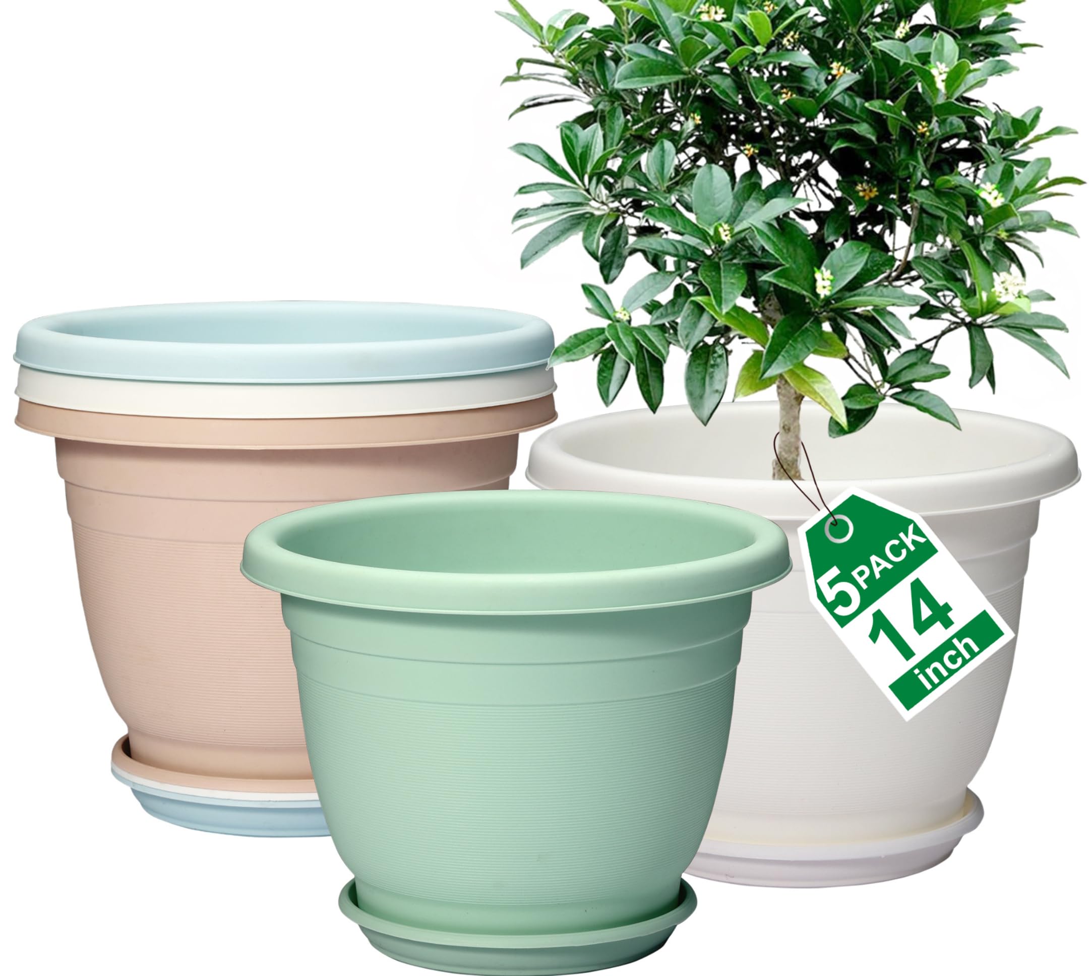 Lot de 5 pots de fleurs en plastique avec soucoupe pour intérieur et extérieur avec trous de drainage - 35,6 cm (coloré, 35,6 cm)