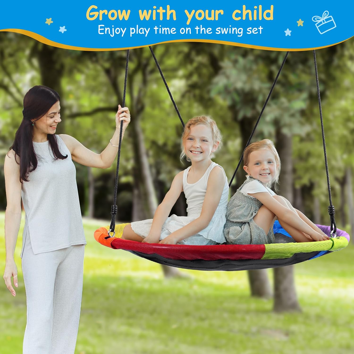 Lunafun 45” Saucer Swing for Kids, 440lbs Adjustable Swing Set for Backyard or Outdoor Playground,Heavy-Duty A-Frame Metal Outdoor Stand