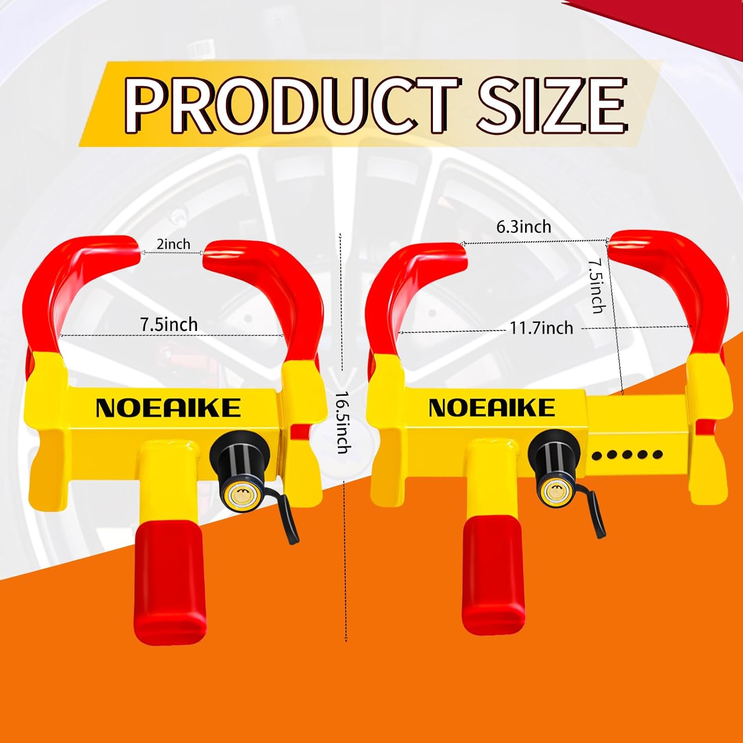 Trailer Lock Universal Adjustable Car Tire Lock Heavy Duty Anti Theft Wheel Locks for Cars RV Motorcycle SUV Golf Cart ATV with 3 Keys (Red-Yellow)