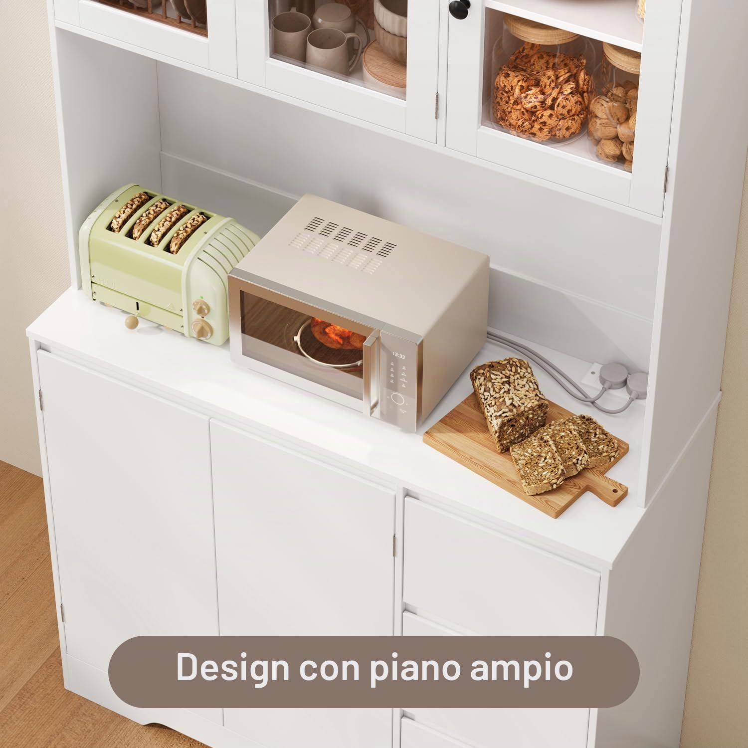 Xbro Credenza Cucina con LED e Presa Integrata, Coffee Station con Vano Microonde, Mobile Dispensa Salvaspazio con 5 Ante 3 Cassetti e Ante in Vetro, per Cucina Sala da Pranzo Soggiorno, 100x40x180 cm