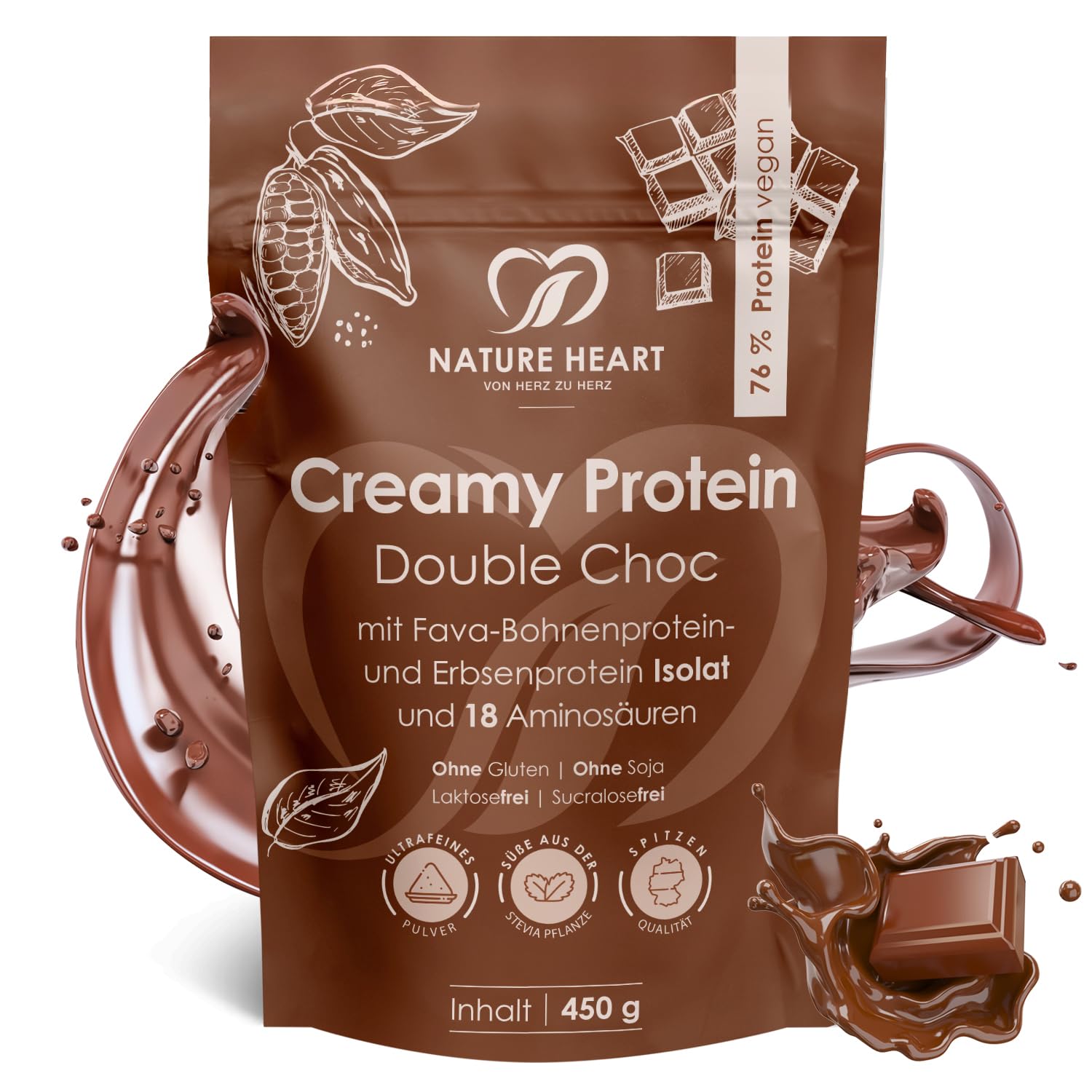 Nature Heart Creamy Protein Double Choc, 450g, 76% Pflanzenprotein | Vegan, Erbsen- & Fava-Bohnenprotein, Ohne Zuckerzusatz, Glutenfrei, Cremig & schokoladig