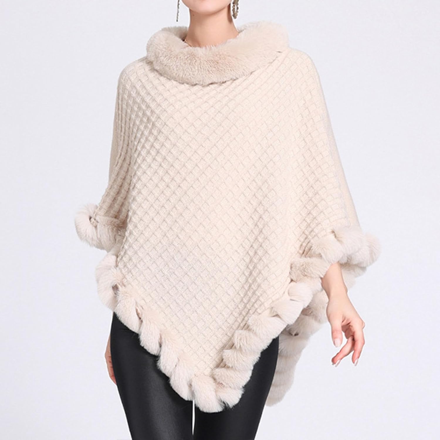 Faux Fur Trim Poncho, Winter Thermal Shawl Poncho, Solid Pullover Shawl Cape for Women - Image 2