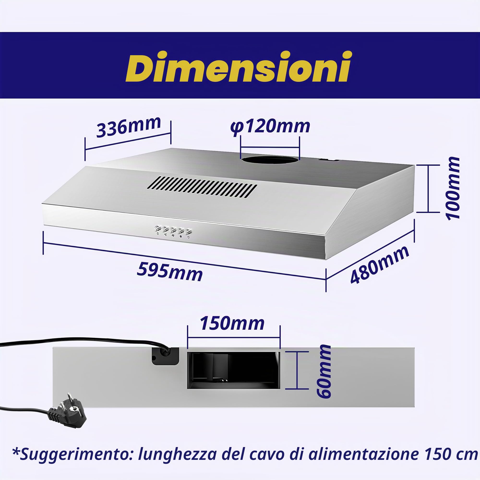 FIREGAS Cappaaspirante 60 cm, LED, 3 livelli di potenza, potente cappa, cofano efficiente con motore brushless, filtro antigrasso e filtro a carbone