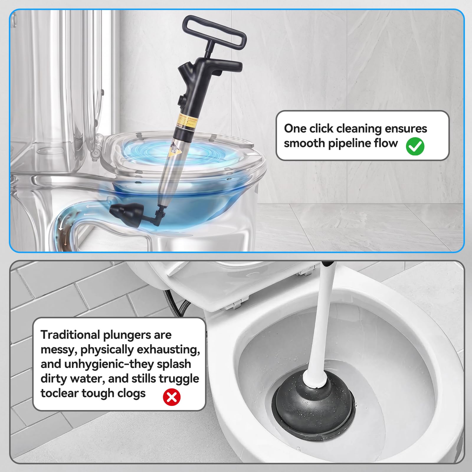 OTraki Stantuffo per WC ad alta pressione per bagno, con barometro, strumento di sblocco per WC per stantuffi tradizionali guasti (non richiede ricarica)