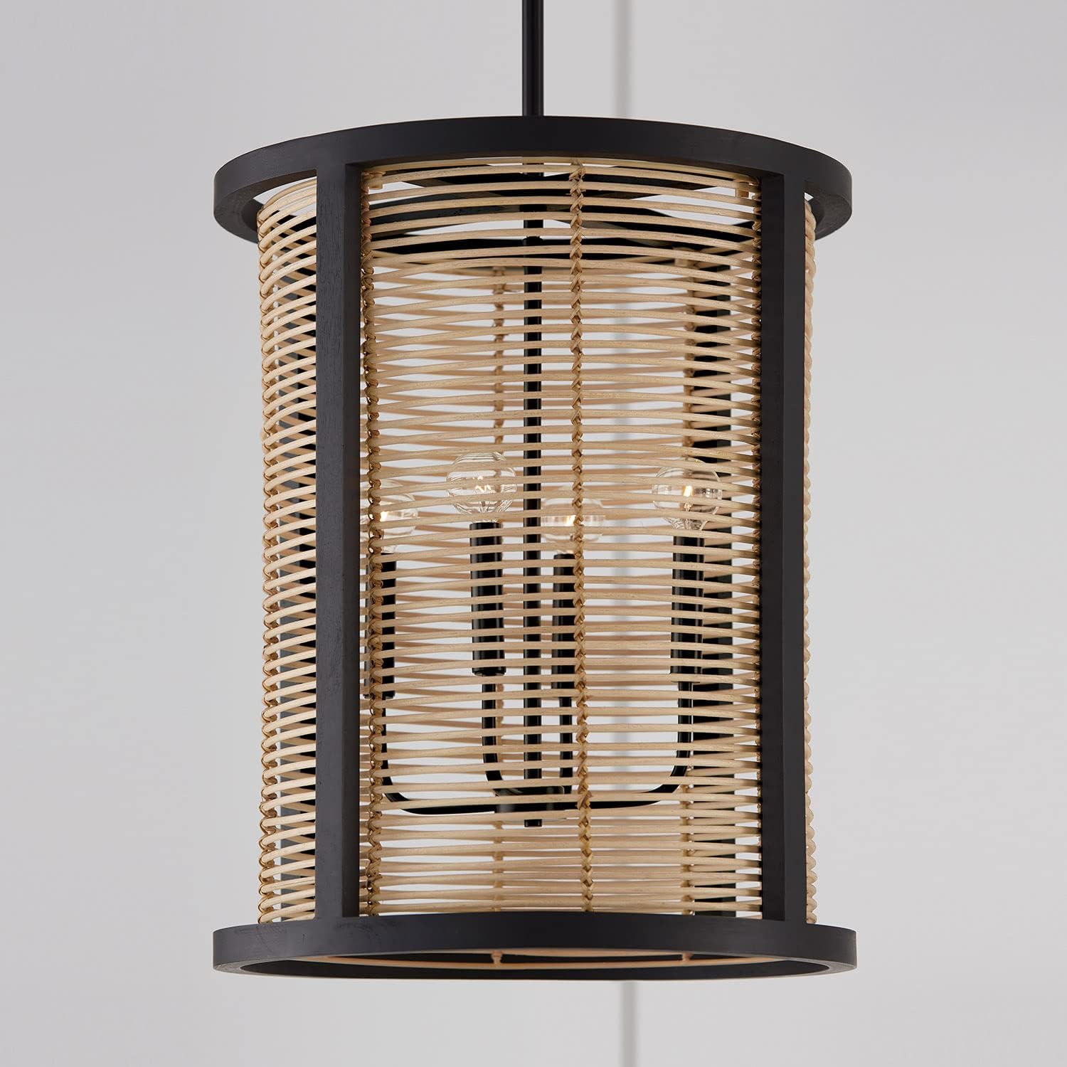 Capital Lighting 544041FK Rico Transitional Mango Wood and Rattan Drum Foyer Light Fixture, 4-Light 240 Total Watts, 22"H x 18"W, Flat Black