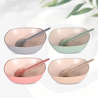 Eha Set of 4 Earth-Friendly Multipurpose Bowls for Kitchen with Spoons | 750 ml | Made with Rice Husk Biocomposite| Microwave Safe Bowl | for Hot & Cold Serving Bowl Set | Multicolor
