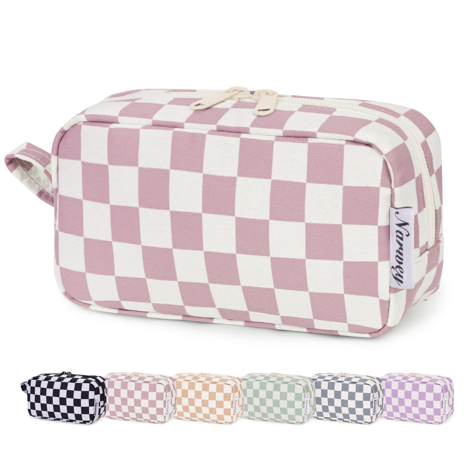 Narwey Cute Checkered Makeup Bag with Organized Pockets for Women - Dusty Rose Checkerboard, Zipper Pouch, Mini Travel Makeup Pouch