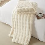 Cream White Faux Rabbit Fur Bubble Throw Blanket 50 x 60 in | Fall Winter Heavy Warm Thick Furry Fuzzy Bed Blanket, Fluffy Long Shaggy Plush Quilt for Couch Bed Sofa Chair Living Room