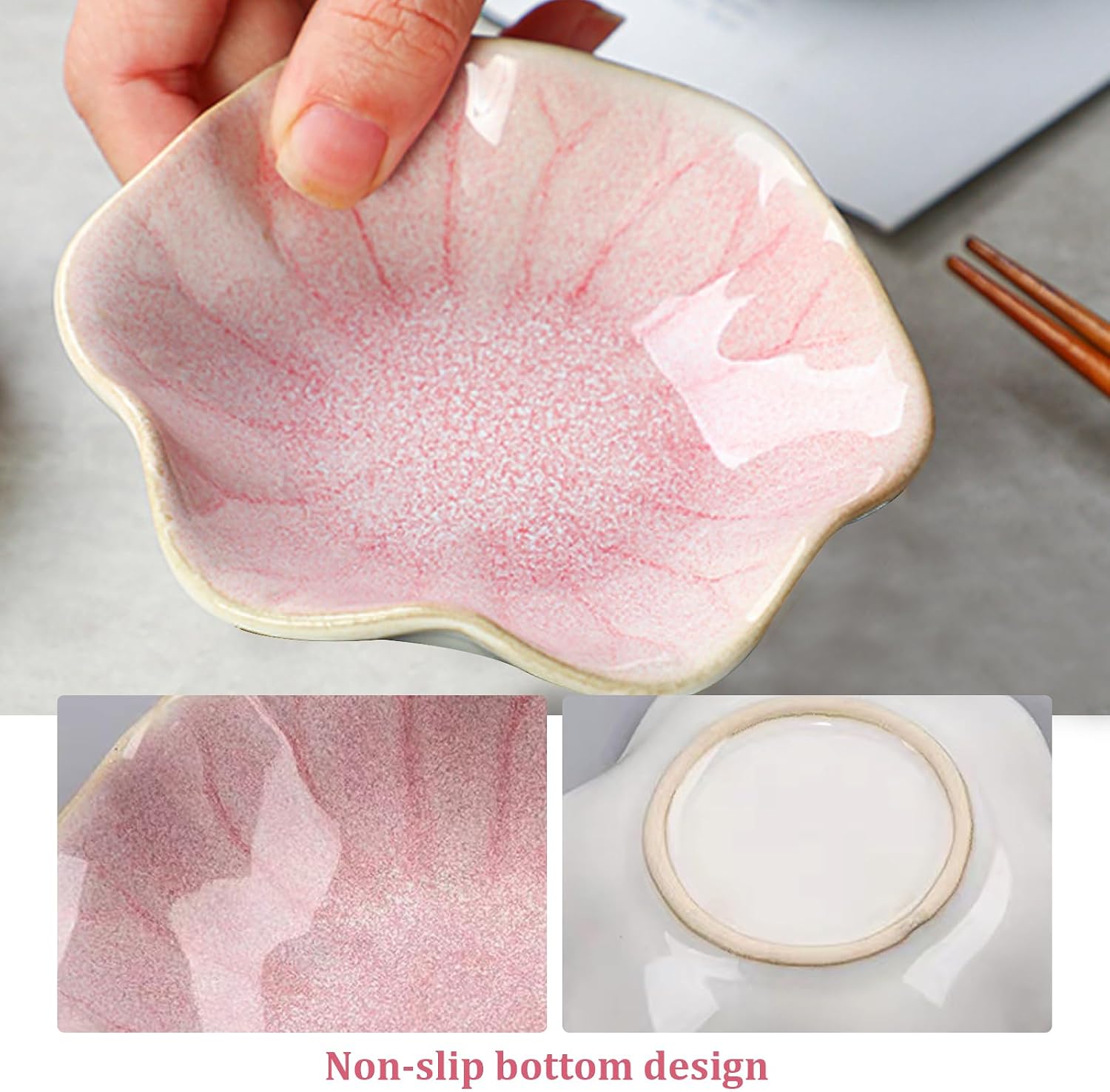Mini Side Seasoning Dish, Sushi Soy Sauce Dipping Condiment Dishes Lotus Leaf Shape 4.3 x4.3in Ceramic Japanese Soy Sauce Dish Vintage Stackable Food Ring Snack Plates 2Pcs
