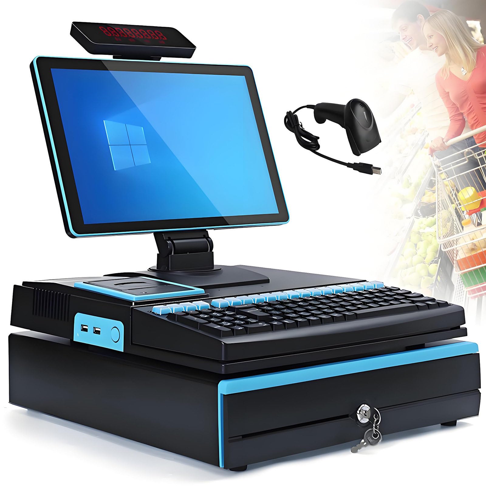 Sistemas de punto de venta (TPV) inteligentes para cajas registradoras,impresora de recibos integrada,caja registradora todo en uno con pantalla dual de 15,6 pulgadas y PC con pantalla táctil Blue