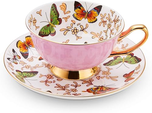 Miniatura 1 de LURRIER Taza de café con platillo para café con leche, té de capuchino con mariposas de 6.8 onzas, porcelana de hueso fina, apta para lavavajillas,