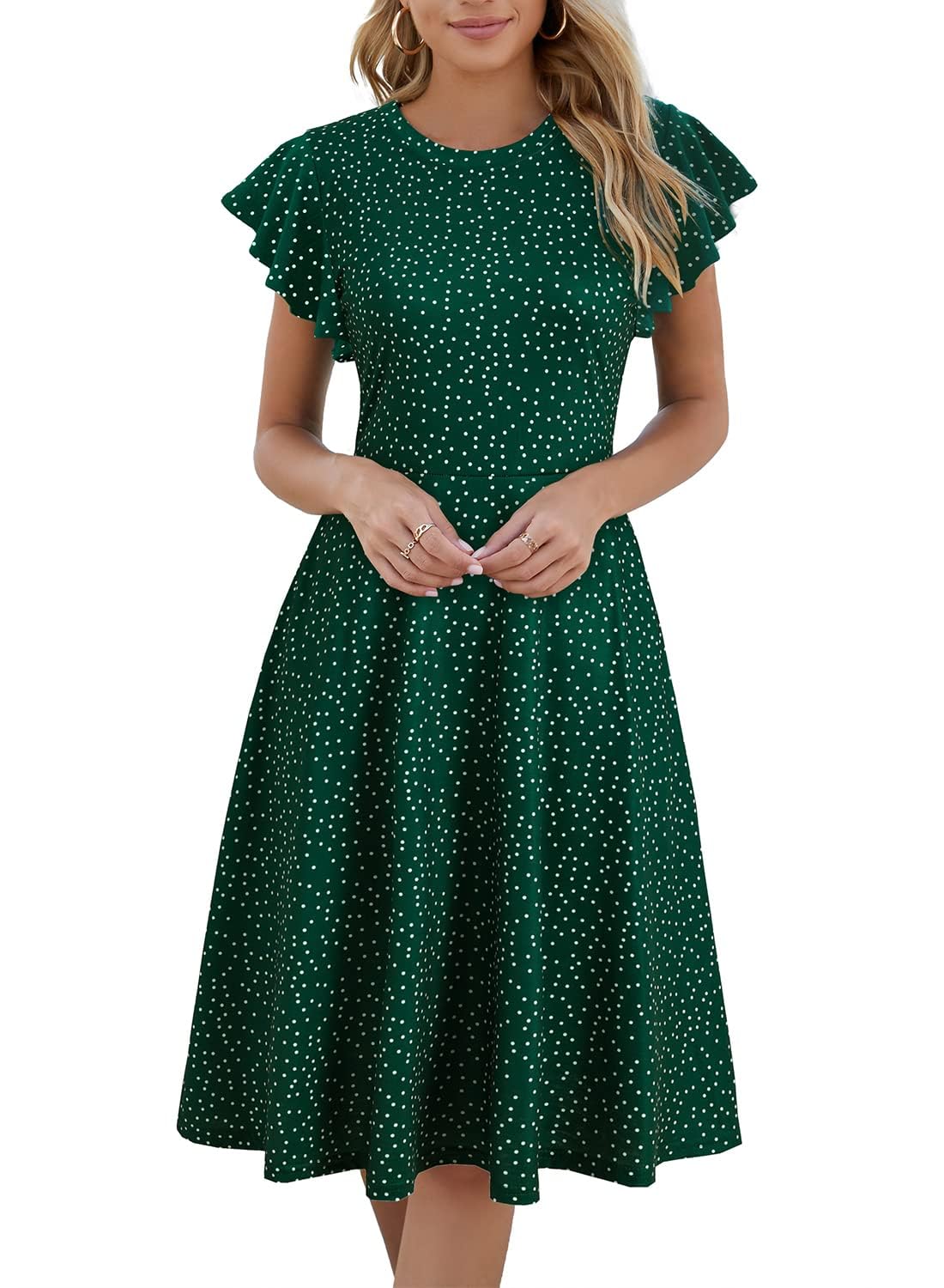 MSLG Women's Fit and Flare Ruffle Short Sleeves Dresses Work V-Back Cocktail Semi Formal A Line Dress with Pockets 842
