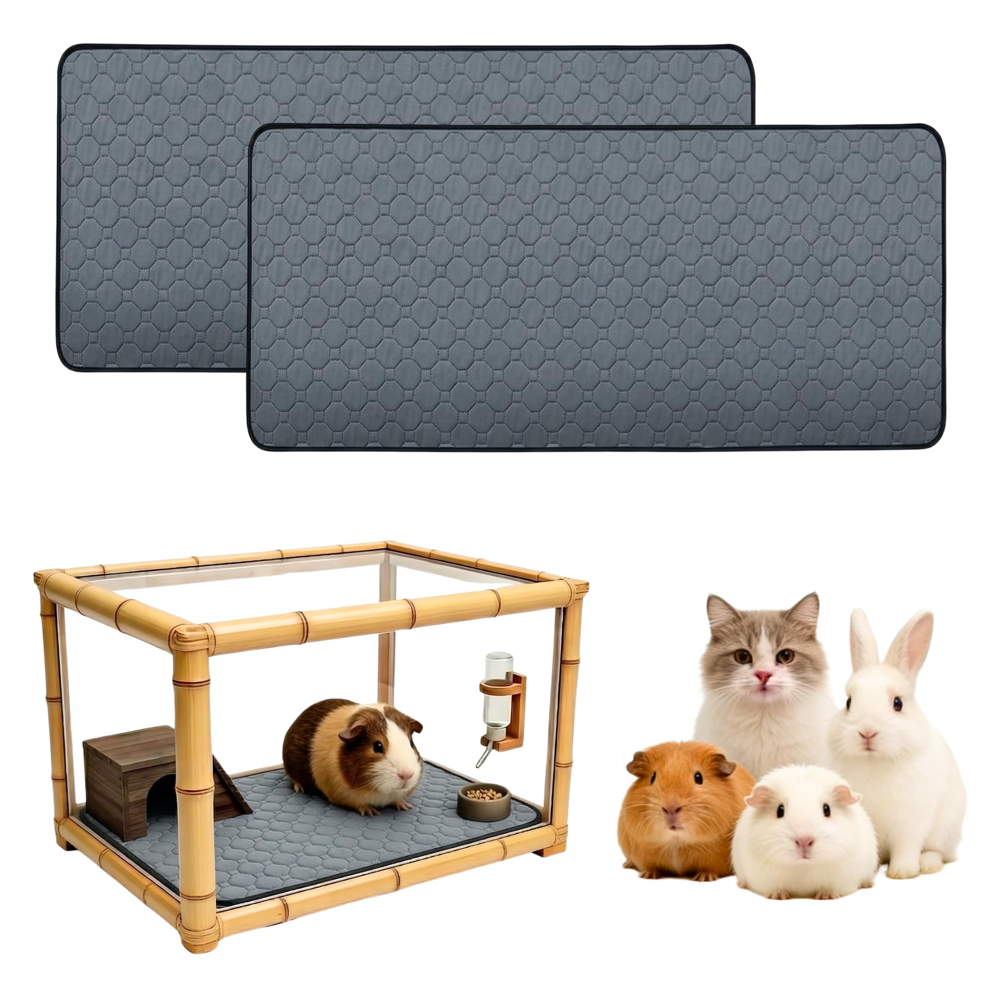 Lot de 2 Tapis Pipi Cochon d'Inde Gris 60x120cm – Tapis Cage Absorbant Lavable et Imperméable pour Lapin et Petits Animaux