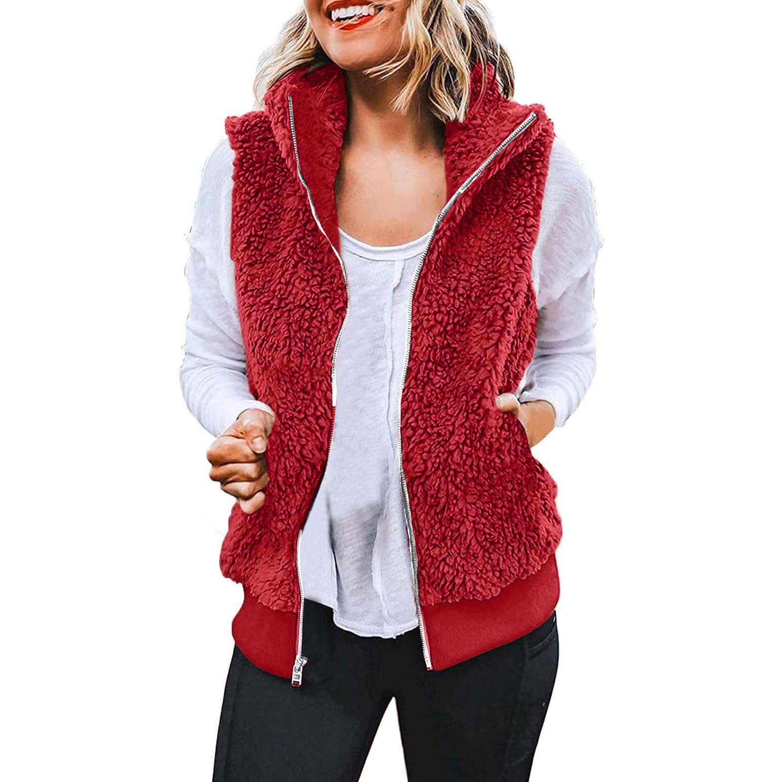Waistcoat Vest for Women 2024 Sherpa Fuzzy Fleece Jackets Lightweight Sleeveless Zipper Cardigans Coat with Pockets