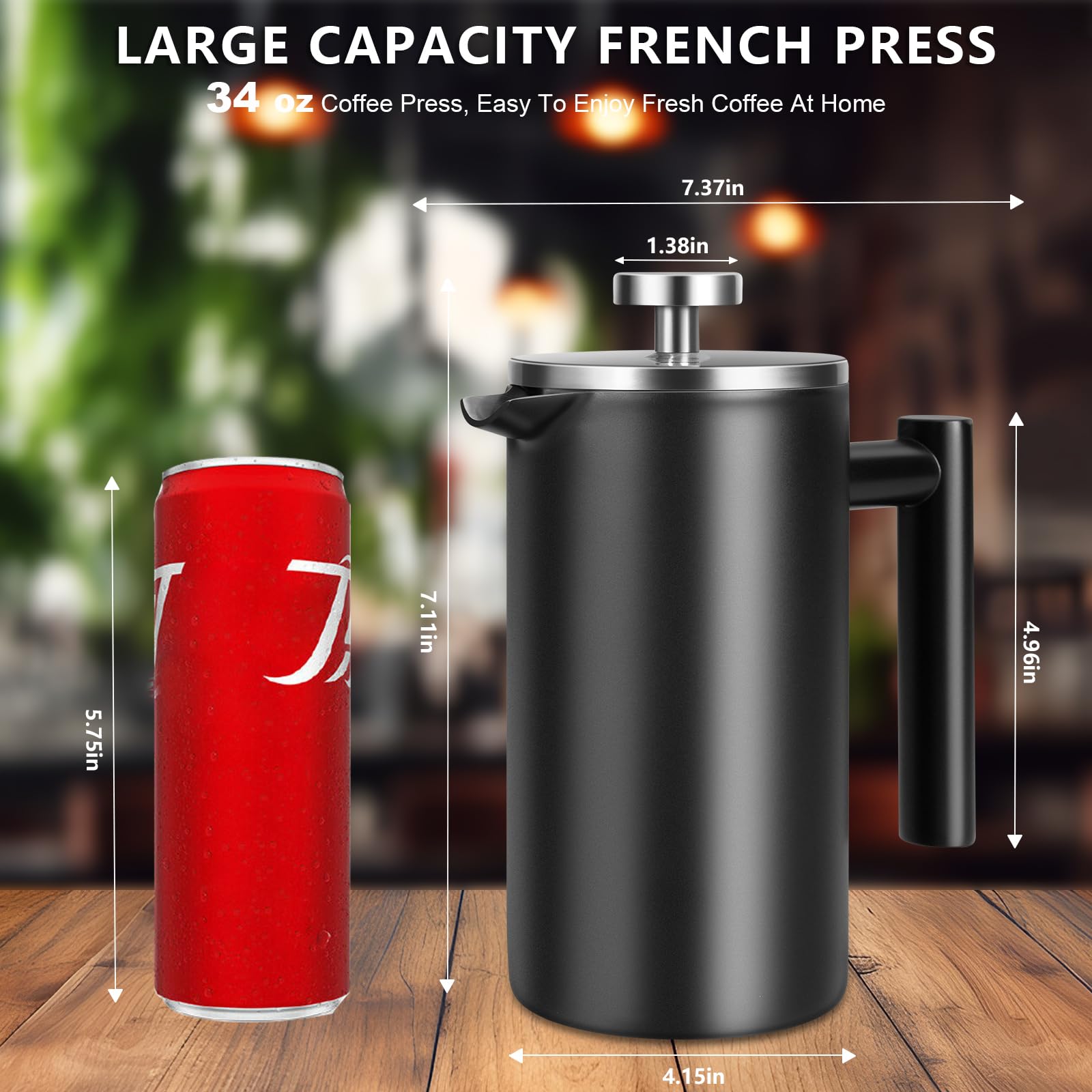 SZHETEFU French Press - Cafetera de prensa francesa grande aislada de acero inoxidable de alta calidad, capacidad de 4 a 6 tazas, cafetera de émbolo de prensa francesa, color negro