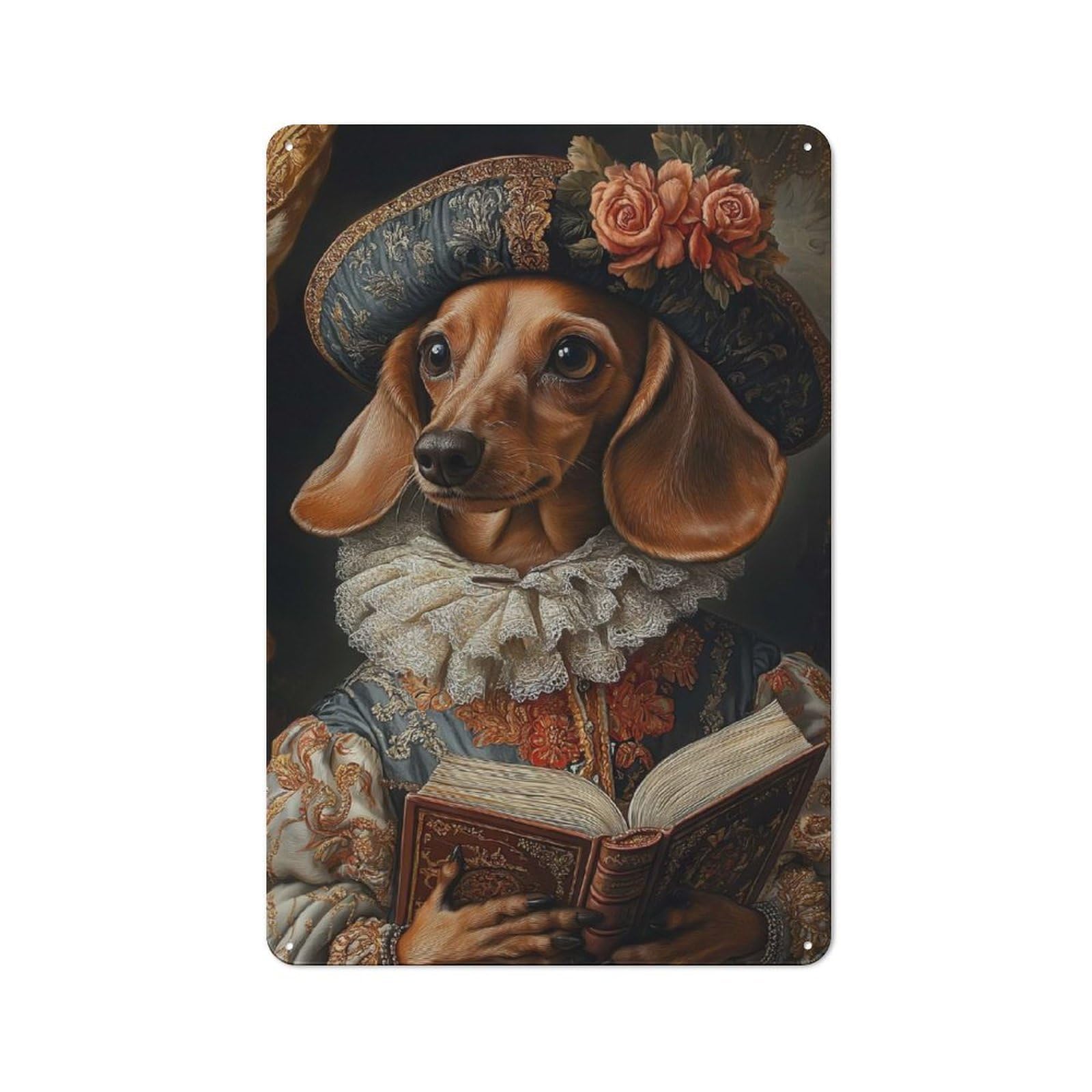 Junmoney Dachshund In Renaissance Attire Dachshund Ba Tin Wall Plaque 30X20cm With Roness Renaissance Dog Portrait For Man Cave Or Games Room, A New Home Present For Leisure-Room Decor Enthusiasts