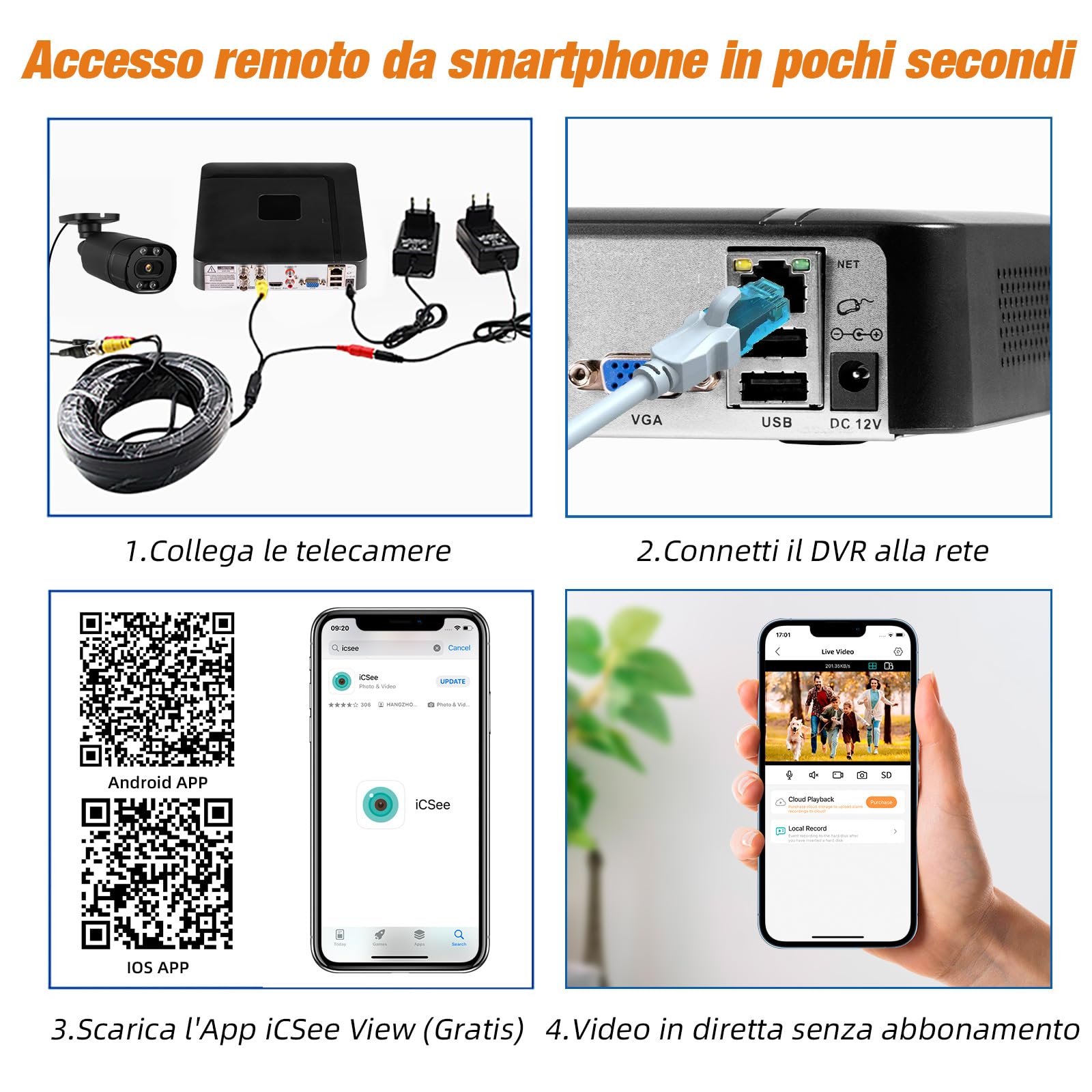 DVR di Sorveglianza 4 Canali CCTV con Hard Disk da 500 GB, Registratore Video 4CH 5MP H.265+ per Telecamere Analogiche/XVI/AHD/TVI/IP, DVR per Sistemi di Sicurezza Domestici, App Mobile e PC