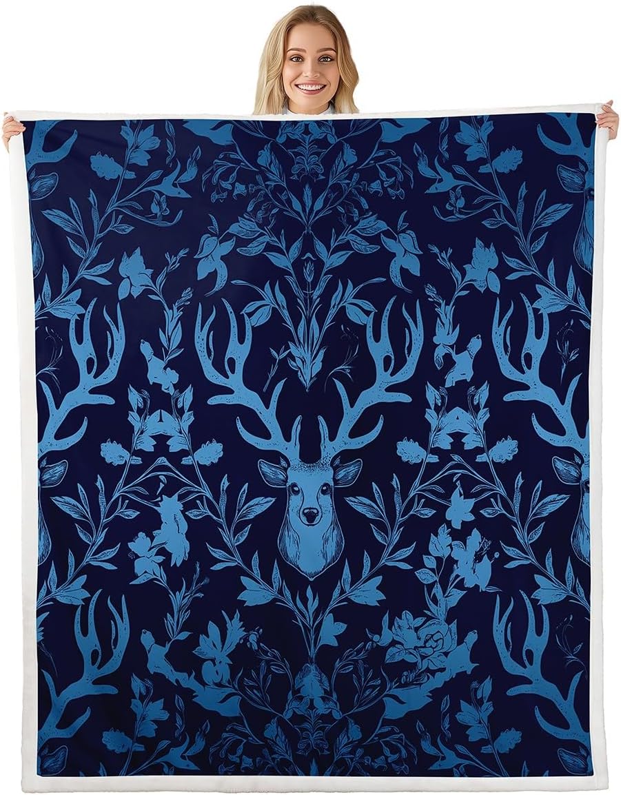 Erosebridal Victorian Damask Throw Blanket Deer Animal Print Fleece Blanket for Boys Girls Antique Baroque Botanical Floral Fuzzy Blanket Exotic Boho Gothic Sherpa Blanket Witchy Decor, Queen