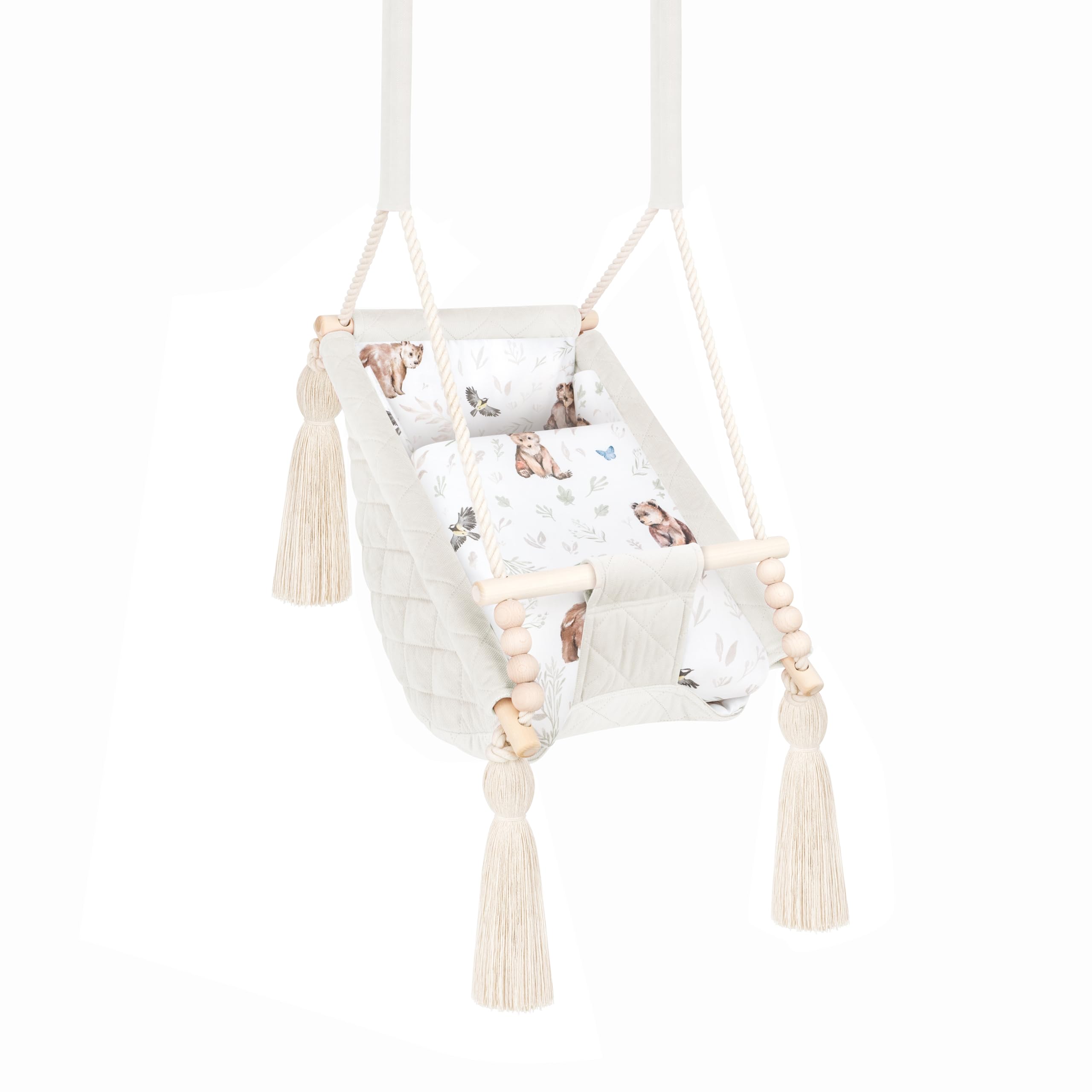 Altalena Bambino Beige Naturale Velluto, Amaca Interna 2m+, Personalizzabile con Nome Ricamato, Made in Europa, Sedile sospeso sicuro 25kg