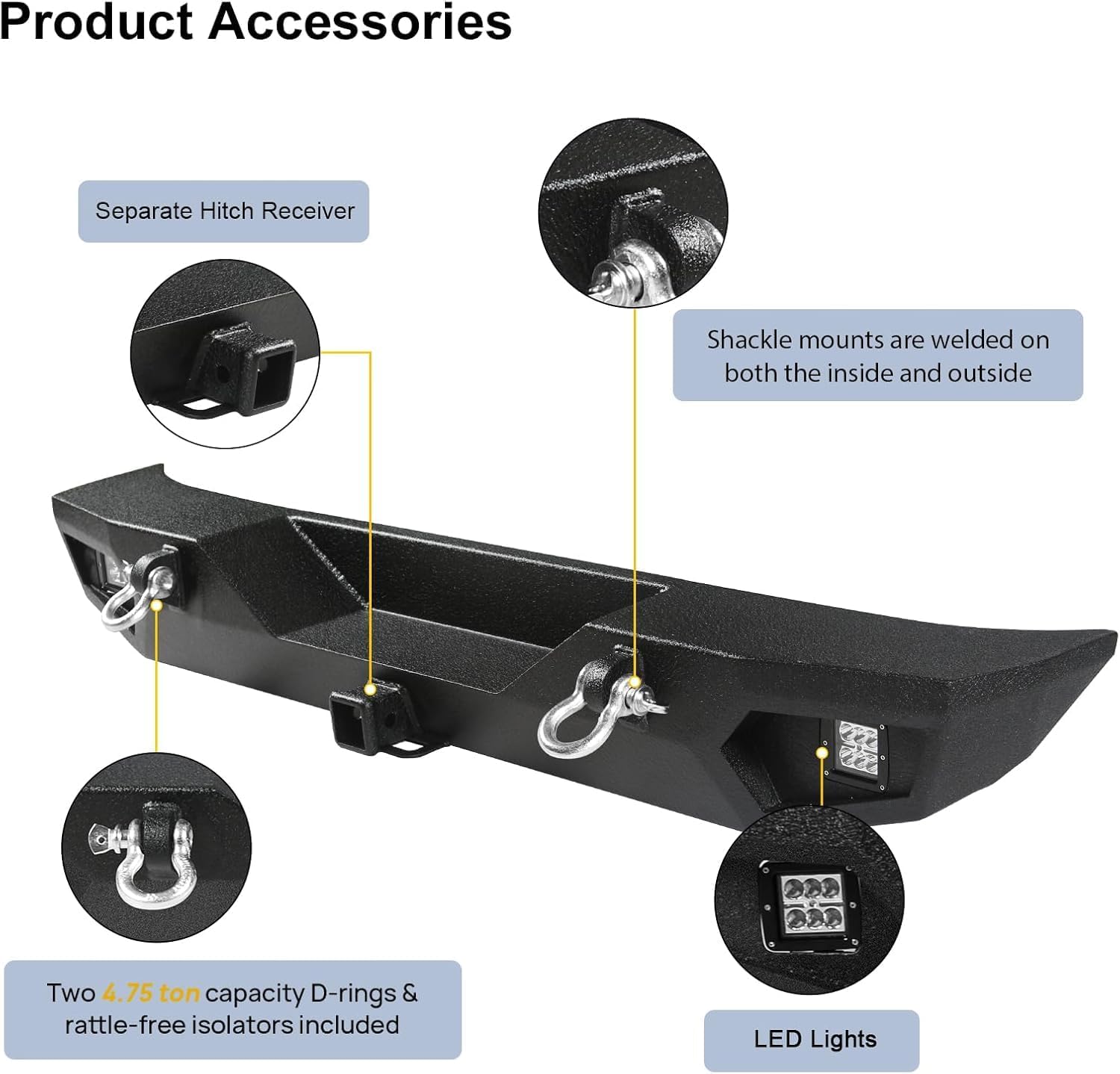 Rear Bumper Fits for Jeep Wrangler JK JKU 2007-2018 Full Width Off Road Heavy Duty Steel Back Bumper Textured Black Rock Crawler Automotive Bumper with Tow Hitch D-Rings Light Winch Plate